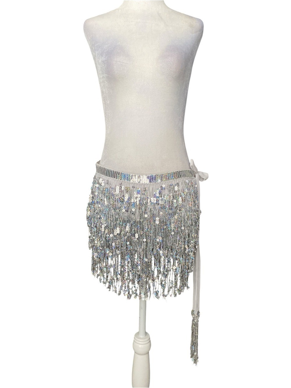 Silver Sequin Fringe Tie-Side Hip Scarf